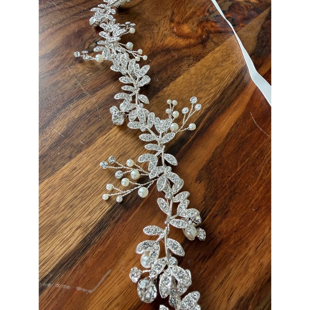 Silver Rhinestone Pearl Bridal Sash Wedding Hair Vine Floral Leaf Ribbon Bride - Picture 6 of 6